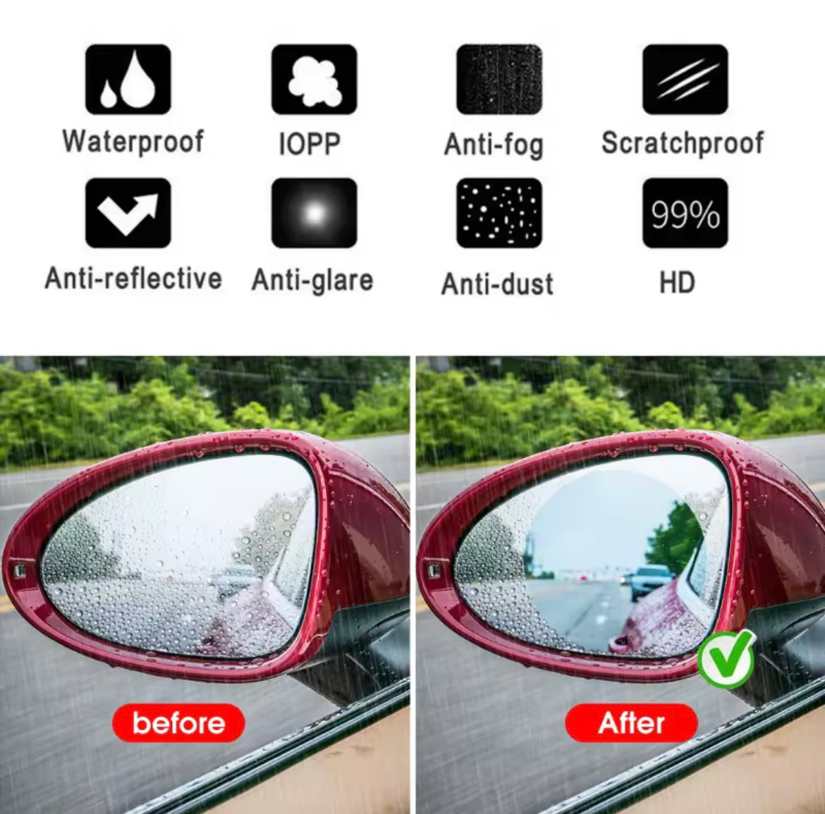 ملصق حماية مرآة السيارة ضد المطر والضباب | Film de protection anti-pluie et anti-buée pour rétroviseur | Car Rearview Mirror Anti-Rain & Anti- Fog Film